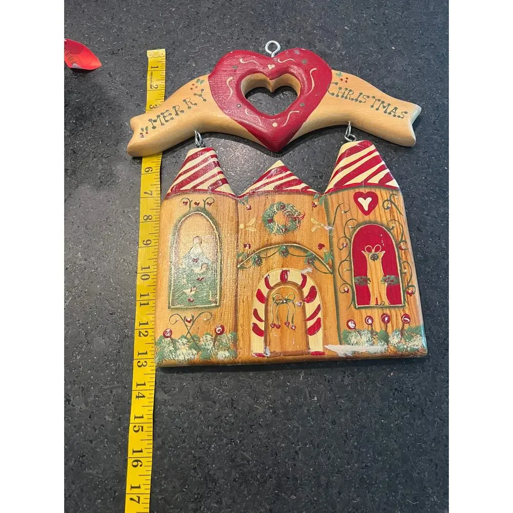 vintage 90s Merry Christmas wooden hanging decor folk art was handmade signed